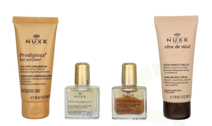 Nuxe Prodigieux Travel Kit 80 ml Prodigieux Body Milk 30ml/Oil Prodigieuse 10ml/Oil Prodigieuse Or 10ml/Hand Cream 30ml ryhmässä KAUNEUS JA TERVEYS / Tuoksut & Parfyymit / Parfyymit / Hajuvesiboksit @ TP E-commerce Nordic AB (D25310)
