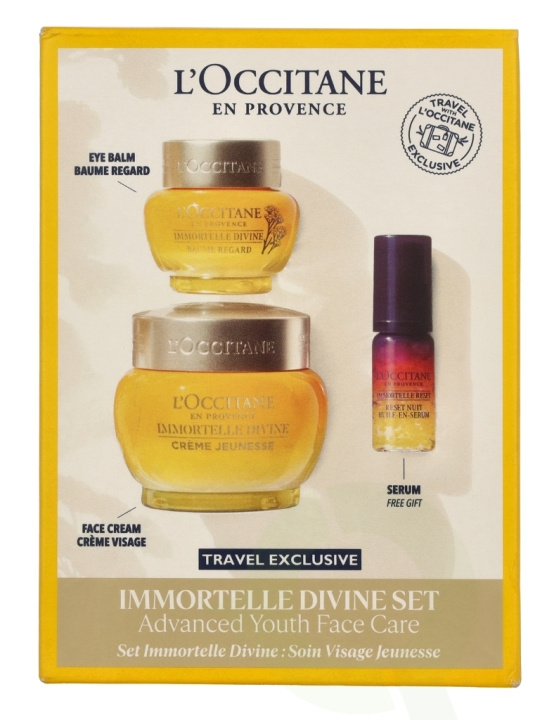 L\'Occitane Immortelle Face Care Set 70 ml Eye Balm 15ml/Divine Cream 50ml/Overnight Reset Oil 5ml ryhmässä KAUNEUS JA TERVEYS / Lahjapakkaukset / Naisten lahjapakkaukset @ TP E-commerce Nordic AB (D25882)