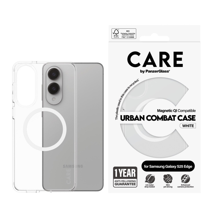Panzer CARE by PanzerLasi - lippulaiva asia läpinäkyvä Urban Combat w. valkoinen Qi yhteensopiva Samsung S25 Edge ryhmässä ÄLYPUHELIMET JA TABLETIT / Puhelimen suojakotelo / Samsung @ TP E-commerce Nordic AB (D28638)