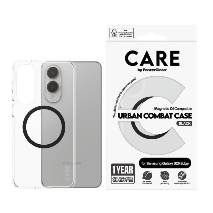 Panzer CARE by PanzerLasi - lippulaiva asia läpinäkyvä Urban Combat w. musta Qi yhteensopiva Samsung S25 Edge kanssa ryhmässä ÄLYPUHELIMET JA TABLETIT / Puhelimen suojakotelo / Samsung @ TP E-commerce Nordic AB (D28642)