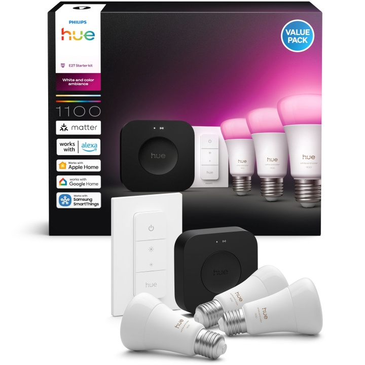 Philips Hue Startkit White and Color Ambiance 3xE27 1100lm + fjärr + Hue Bridge Pro ryhmässä KOTI, TALOUS JA PUUTARHA / Älykodit / Älykäs valaistus @ TP E-commerce Nordic AB (D29116)