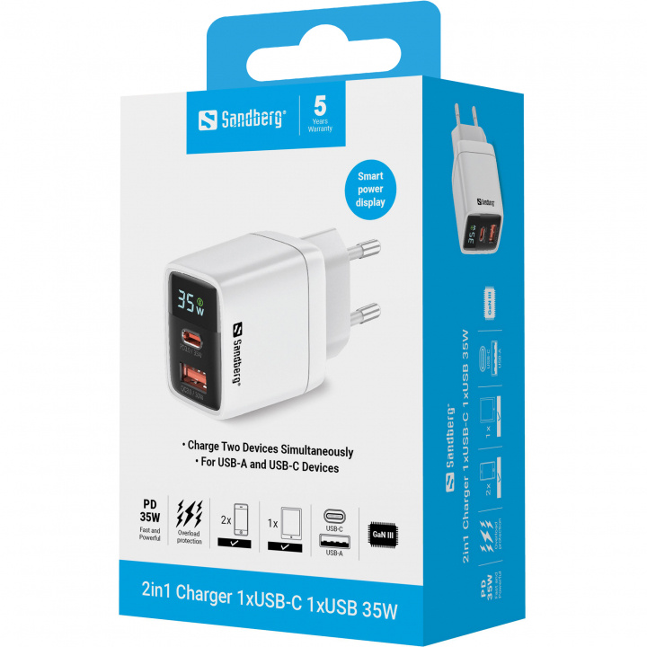 Sandberg 2in1 Laturi 1xUSB-C 1xUSB 35W ryhmässä ÄLYPUHELIMET JA TABLETIT / Laturit & Kaapelit / Seinälaturi / Seinälaturi Type C @ TP E-commerce Nordic AB (D30375)