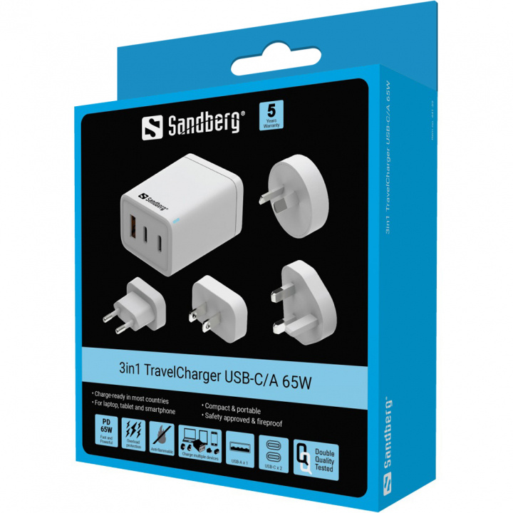 Sandberg 3in1 matkalaturi USB-C/A 65W ryhmässä KOTI, TALOUS JA PUUTARHA / Sähkö & Valaistus / Matkasovittimet @ TP E-commerce Nordic AB (D30376)