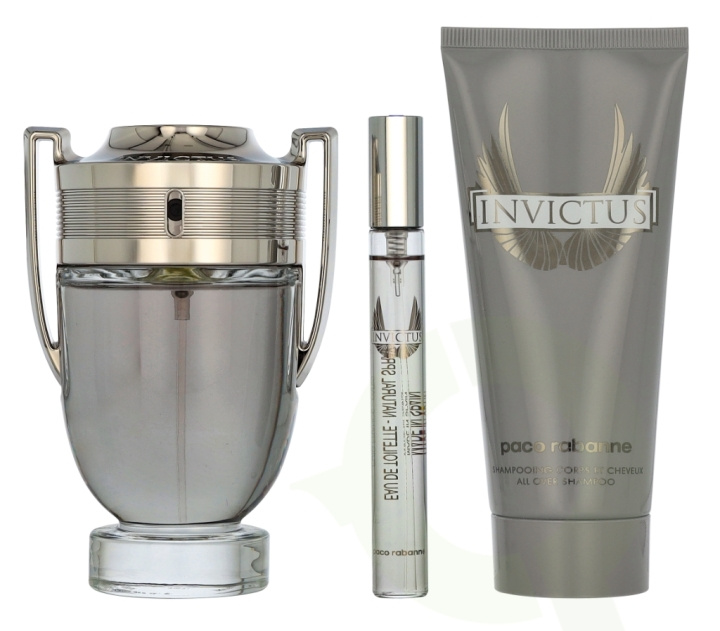 Paco Rabanne Invictus Giftset 210 ml Edt Spray 100ml/Shower gel 100ml/Edt Spray 10ml ryhmässä KAUNEUS JA TERVEYS / Tuoksut & Parfyymit / Parfyymit / Hajuvesiboksit @ TP E-commerce Nordic AB (D30703)
