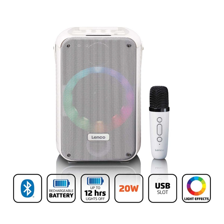 Lenco Karaokejärjestelmä, jossa on Bluetooth®, ladattava akku, langaton karaokemikrofoni ja disco LED-valaistus Valkoinen ryhmässä KODINELEKTRONIIKKA / Ääni & Kuva / Kaiuttimet & Tarvikkeet / Bluetooth-kaiutin / Kannettavat kaiuttimet @ TP E-commerce Nordic AB (D32152)