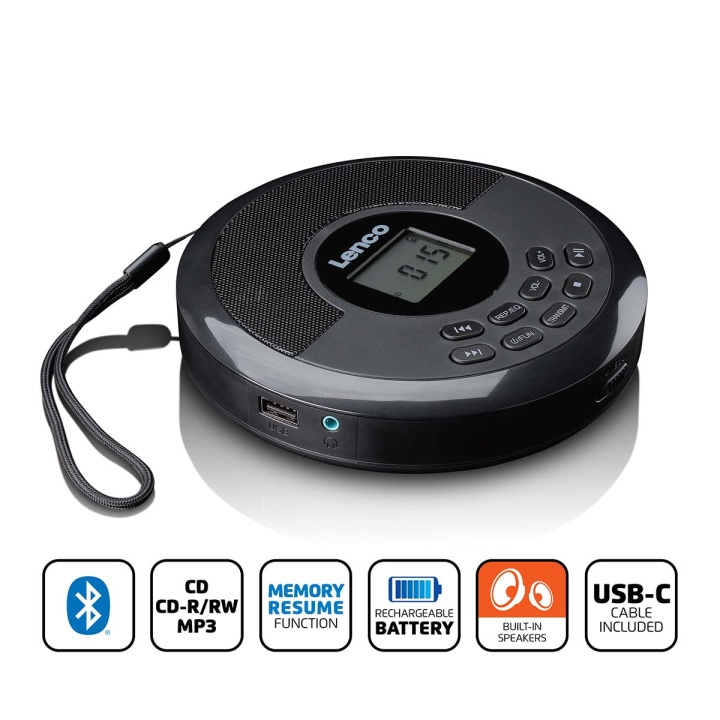 Lenco Discman, jossa on Bluetooth® ja sisäänrakennetut kaiuttimet ryhmässä KODINELEKTRONIIKKA / Ääni & Kuva / Kotiteatteri, HiFi ja kannettavat / Kannettavat musiikkisoittimet / CD-sottimet @ TP E-commerce Nordic AB (D32164)