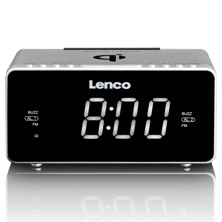 Lenco Stereo FM Clock Radio USB ja Qi langaton älypuhelimen lataus Silver ryhmässä KODINELEKTRONIIKKA / Ääni & Kuva / Kotiteatteri, HiFi ja kannettavat / Radio & Herätyskellot / Kelloradio @ TP E-commerce Nordic AB (D32174)