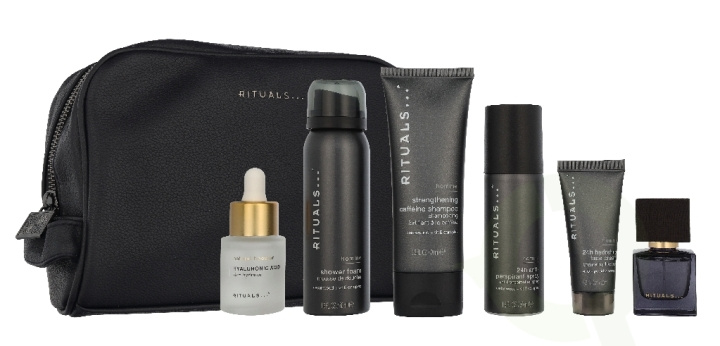 Rituals Homme Giftset 225 ml Roi d’Orient 15 ml/Homme Shower Foam 50ml/Homme 24h Anti-Perspirant Spray 50ml/Namaste Hyaluronic Acid Natural Booster 20 ml/Homme 24h Hydrating Face Cream 20ml/Homme Strengthening Caffeine Shampoo 70ml/Homme Toiletry Bag