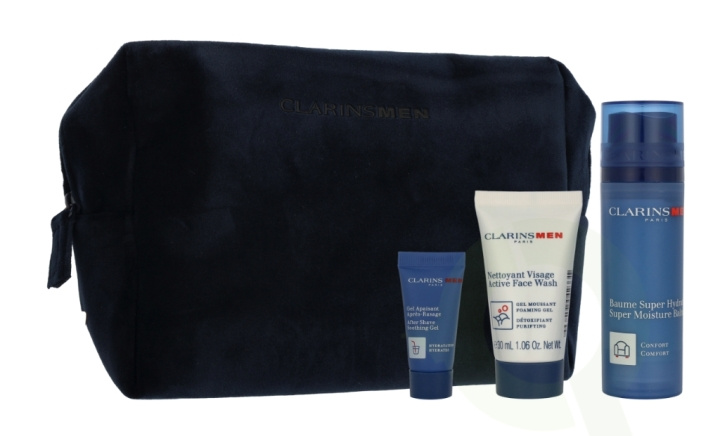 Clarins Men Set 83 ml Super Moisture Balm 50 ml / Active Face Wash 30 ml / Sample Shave Oil 3 ml / Men Pouch ryhmässä KAUNEUS JA TERVEYS / Lahjapakkaukset / Miesten lahjapakkaukset @ TP E-commerce Nordic AB (D33513)