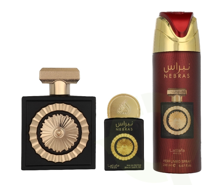 Lattafa Pride Nebras Giftset 320 ml Edp Spray 100ml/Edp Spray 20ml/Deo Spray 200ml ryhmässä KAUNEUS JA TERVEYS / Lahjapakkaukset / Naisten lahjapakkaukset @ TP E-commerce Nordic AB (D33532)