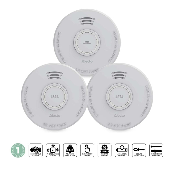 Alecto Itsenäinen savuhälytin 1 vuoden paristolla 3 kpl 3 kpl ryhmässä KOTI, TALOUS JA PUUTARHA / Hälytys ja turvallisuus / Palo, savu, kaasu / Palovaroittimet @ TP E-commerce Nordic AB (D34875)