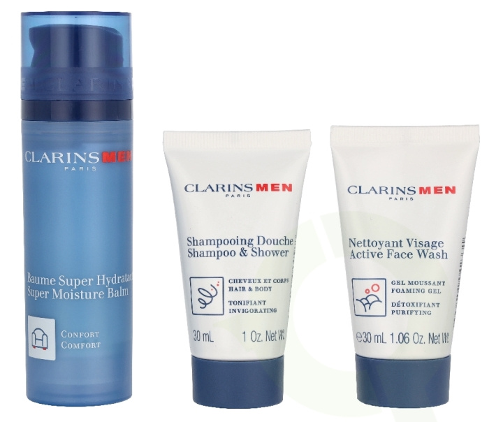 Clarins Men Hydration Essentials Set 110.9 ml Super Moisture Balm 50ml/Shampoo & Shower Gel 30ml/Facial Cleanser 30ml/Double Serum Eye 0,9ml ryhmässä KAUNEUS JA TERVEYS / Ihonhoito / Kehon hoito / Kylpy- ja suihkugeelit @ TP E-commerce Nordic AB (D35858)