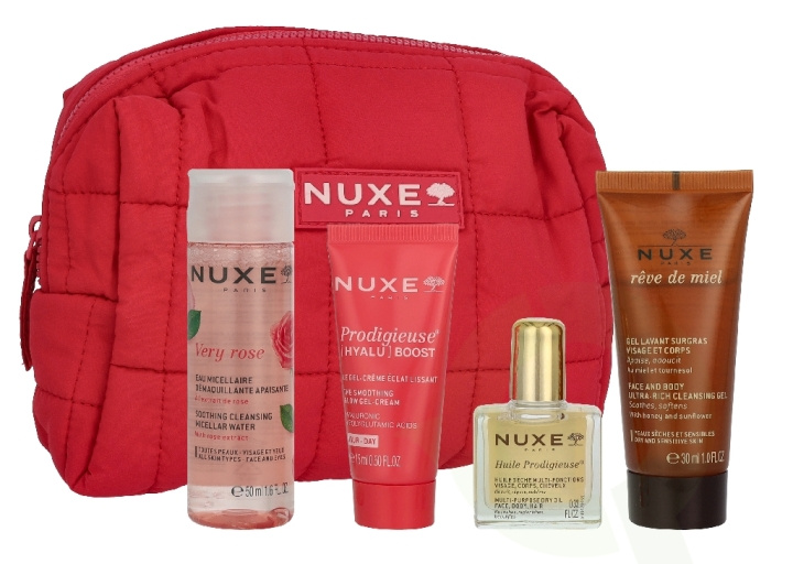 Nuxe Travel Set 105 ml Very Rose Micellar Water 50 ml/Prodigieuse Boost Cream-Gel 10 ml/Reve De Miel Cleansing Gel 30ml/Creme Fraiche Cream 15ml/Pouch ryhmässä KAUNEUS JA TERVEYS / Ihonhoito / Rusketus / Aurinkosuoja @ TP E-commerce Nordic AB (D45807)