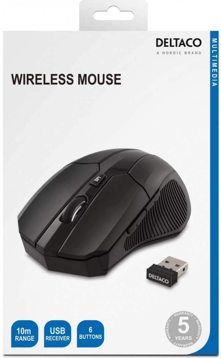 DELTACO langaton optinen hiiri, 5 painiketta + rulla, säädettävä D