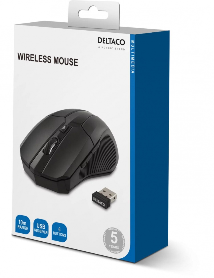 DELTACO langaton optinen hiiri, 5 painiketta + rulla, säädettävä D