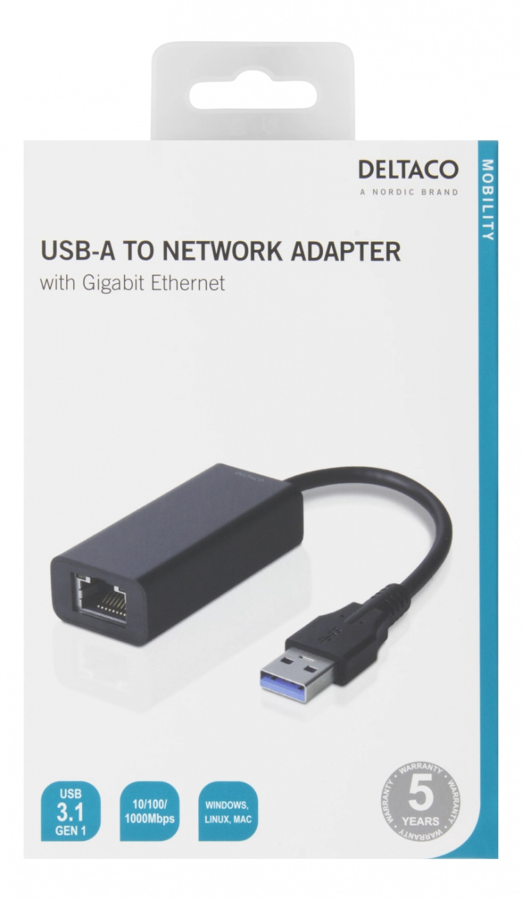 DELTACO USB 3.0 verkkosovitin, gigabit, 1xRJ45, musta