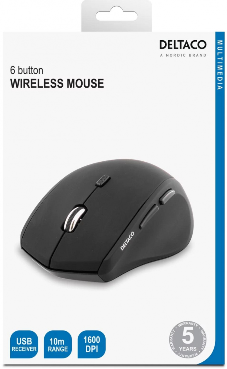 DELTACO langat. opt. hiiri, 5 painiketta, rulla, 1600 DPI, musta