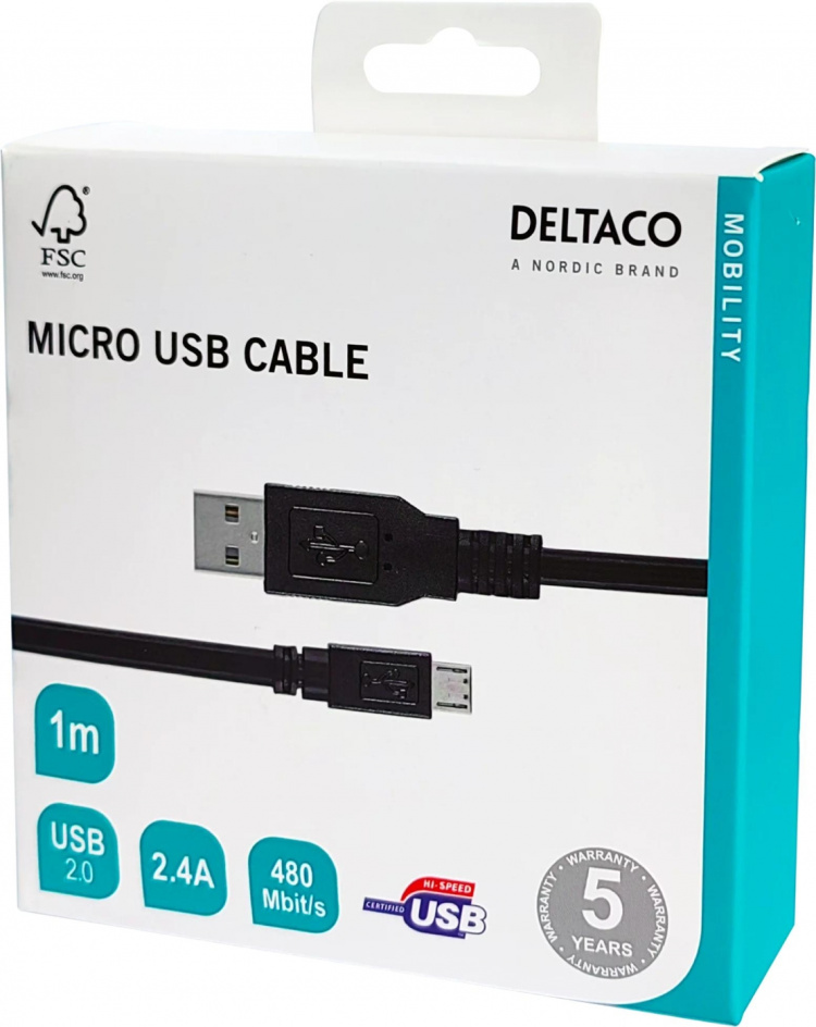 DELTACO USB 2.0 kaapeli Tyyppi A ur - Tyyppi Micro B ur, 5-pin, 1m, mu