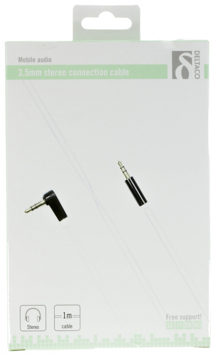 DELTACO äänikaapeli, kulma 3,5mm uros - 3,5mm uros, 1m, valkoinen DELTACO äänikaapeli, kulma 3,5mm uros - 3,5mm uros, 1m, valkoinen