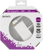 DELTACO sovitin Mini DisplayPort - HDMI ja VGA, 0,25m, valkoinen