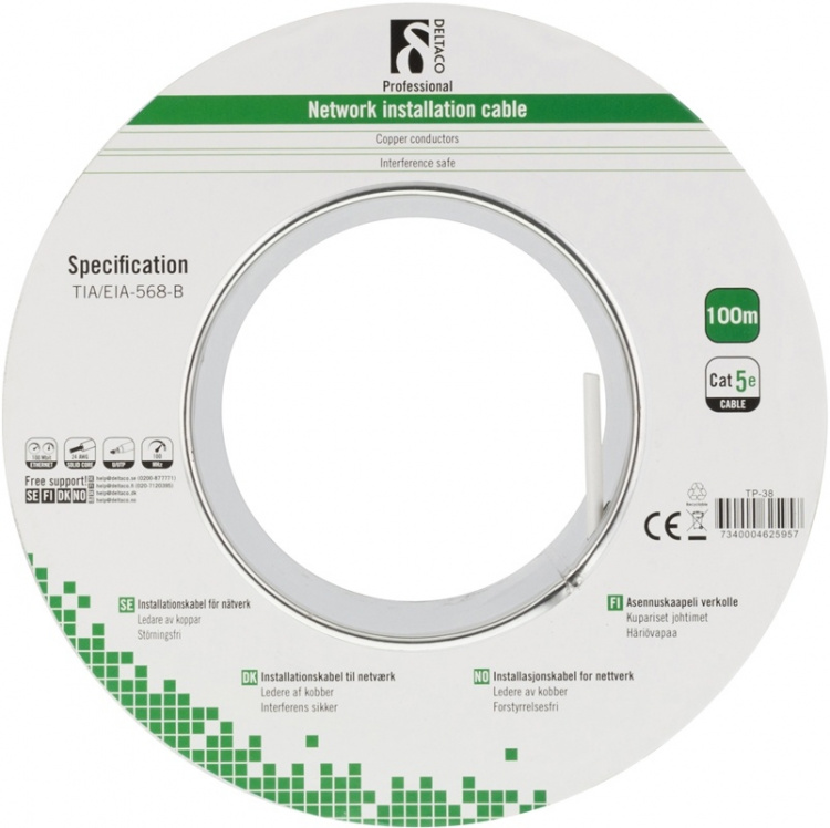 UTP Cat.5e asennuskaapeli, yksilankainen, 100m, valkoinen