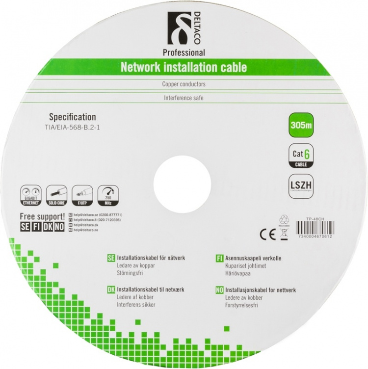 DELTACO LSZH FTP asennuskaapeli, Cat6, 305m laatikko, harmaa