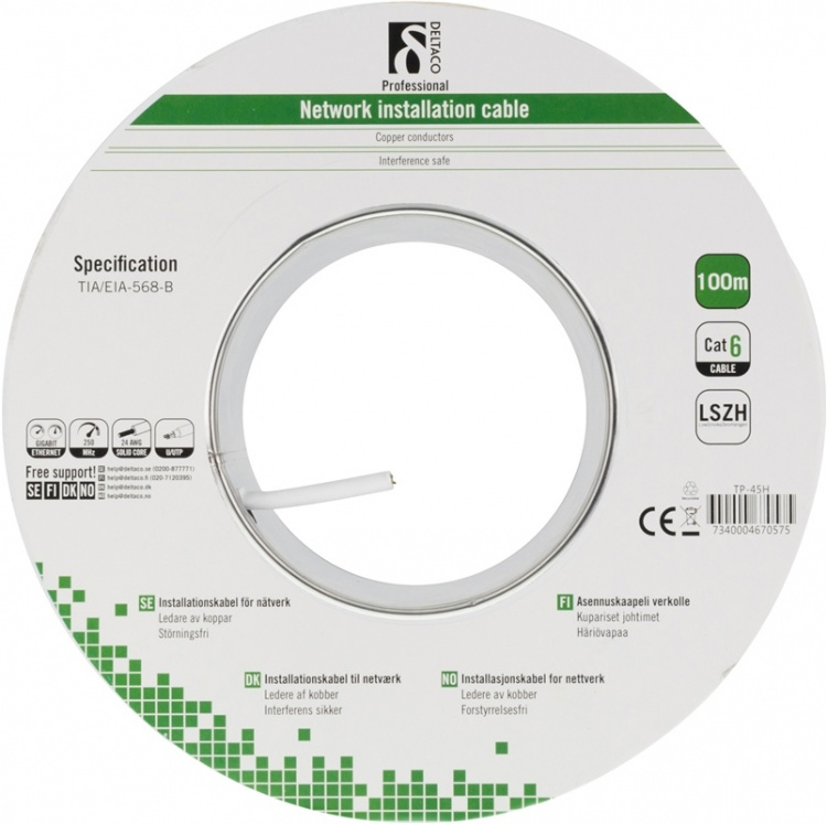 DELTACO U/UTP asennuskaapeli, Cat6, 100m kela, valkoinen