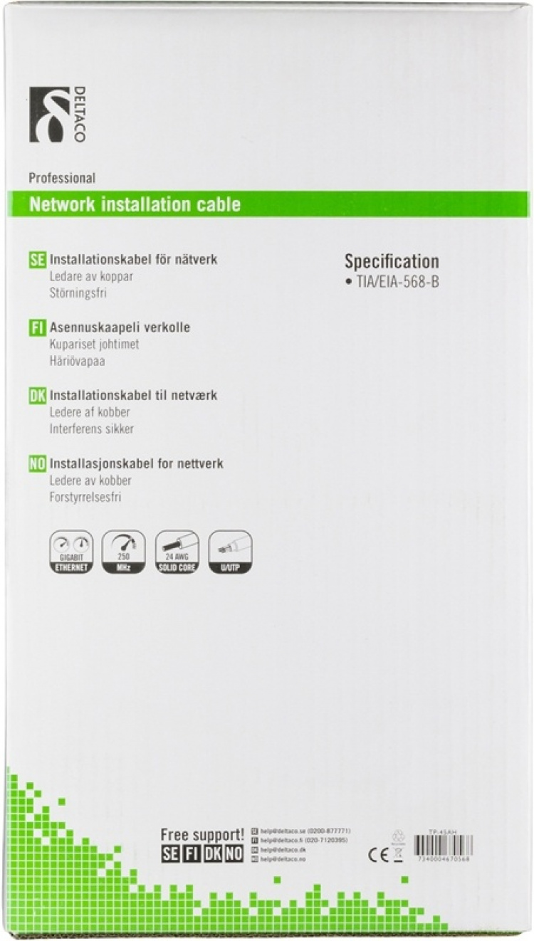 DELTACO U/UTP asennuskaapeli, Cat6, 305m laatikko, valkoinen