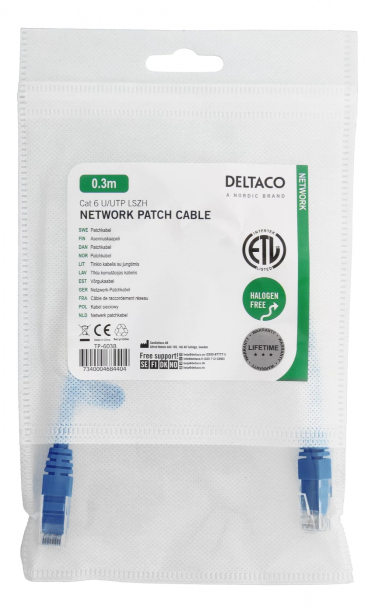 DELTACO U/UTP Cat6 laitekaapeli, LSZH, 0,3m, sininen DELTACO U/UTP Cat6 laitekaapeli, LSZH, 0,3m, sininen