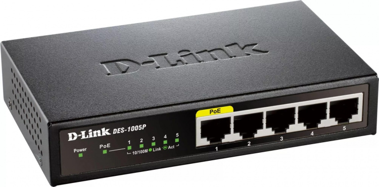 D-Link kytkin 5x10/100Mbps RJ45, 1xPoE, pöytämalli, musta