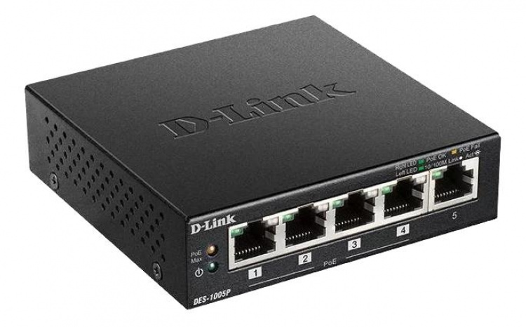 D-Link kytkin 5x10/100Mbps RJ45, 1xPoE, pöytämalli, musta