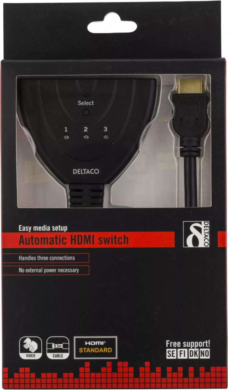 DELTACO HDMI Pigtail kytkin, auto/manual HDMI-kytkin, 3-1, musta DELTACO HDMI Pigtail kytkin, auto/manual HDMI-kytkin, 3-1, musta