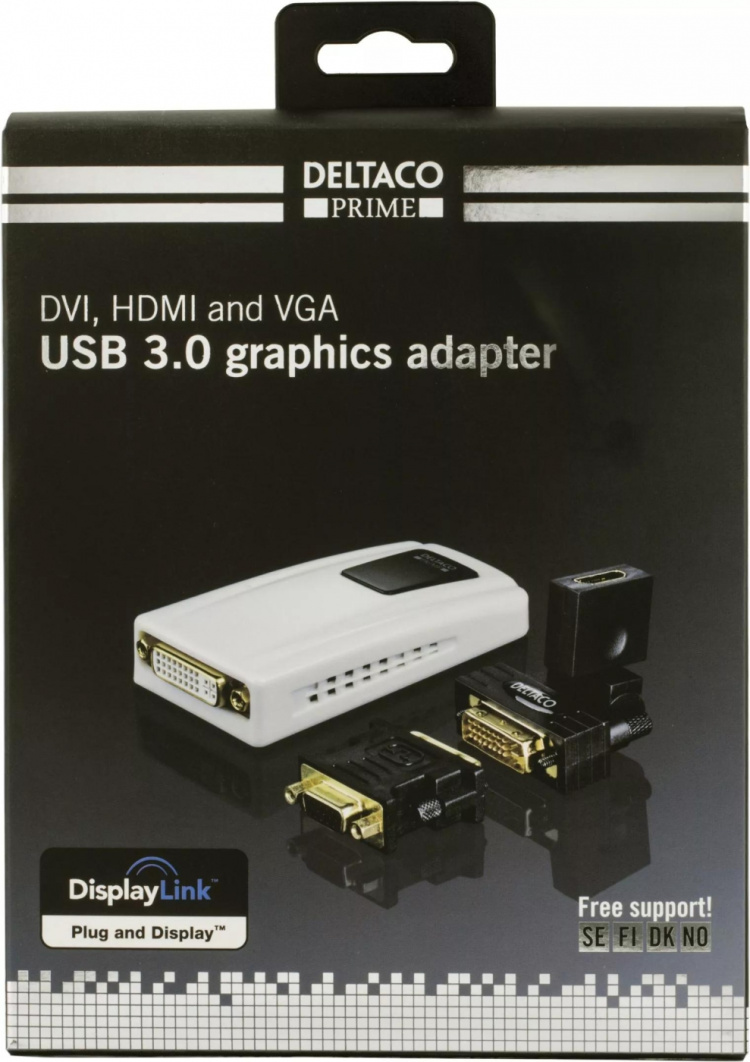 DELTACO PRIME sovitin USB 3.0 - DVI/HDMI/VGA, 2048x1152, valkoinen