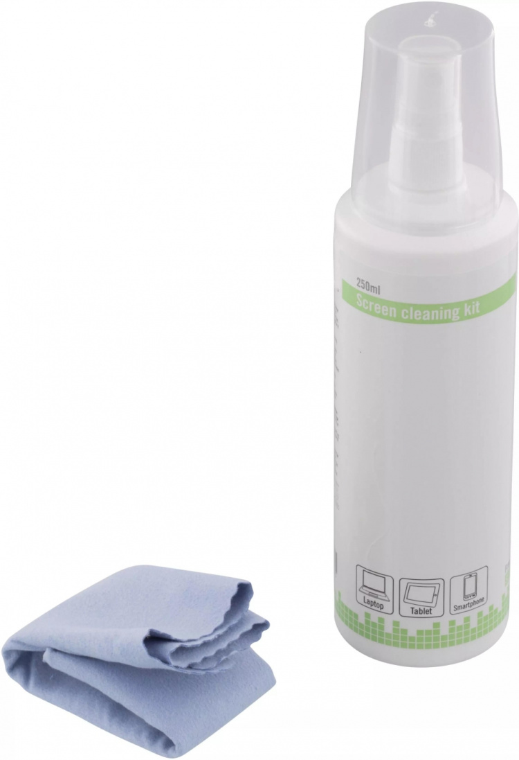 DELTACO näytönpuhdistussetti, mikrokuituliina, 250ml