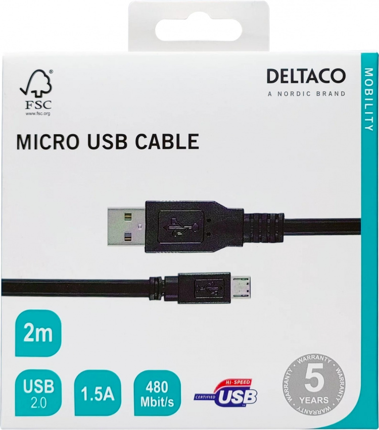 DELTACO USB 2.0 kaapeli Tyyppi A ur - Tyyppi Micro B ur, 5-pin, 2m,mu