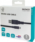DELTACO USB 2.0 kaapeli Tyyppi A ur - Tyyppi Micro B ur, 5-pin, 2m,mu