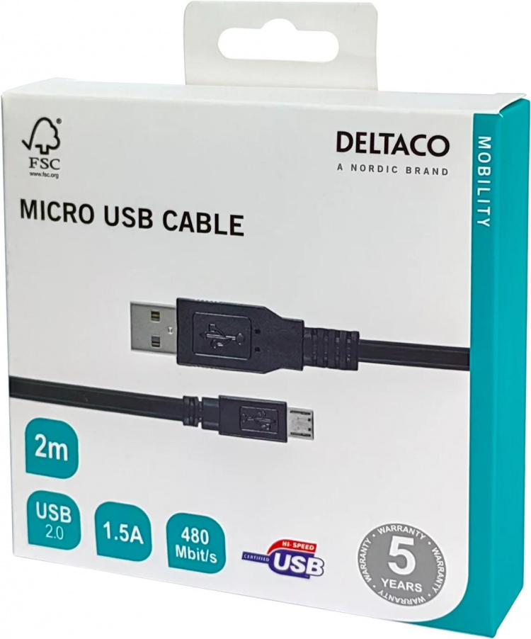 DELTACO USB 2.0 kaapeli Tyyppi A ur - Tyyppi Micro B ur, 5-pin, 2m,mu