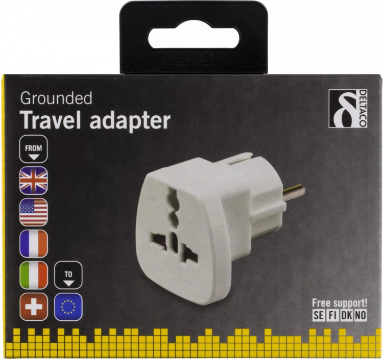 DELTACO matkasovitin, UK/US/Italia/Sveitsi - EU, 250V/16A, maadoitettu