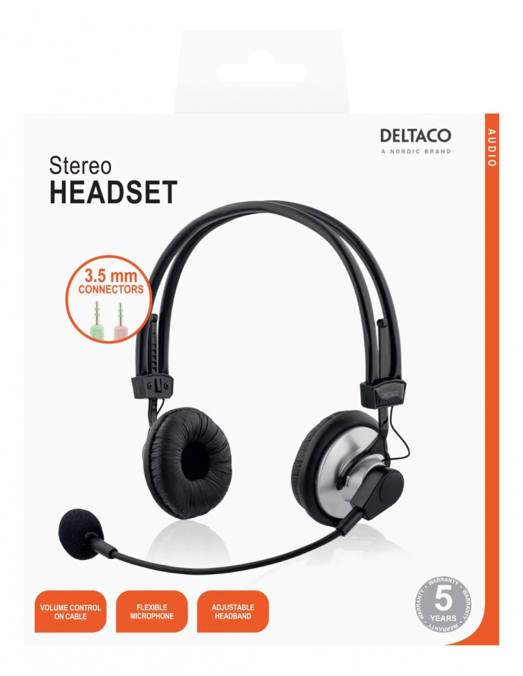 DELTACO headset, mikrofoni ja äänensäätö, kaapelin pituus 2m