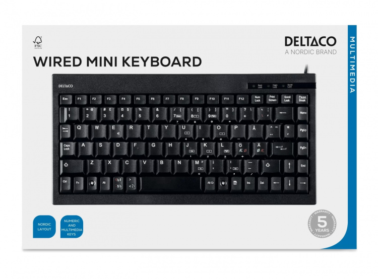 DELTACO pienikok. näppäimistö, 89 näppäintä, pohjoismainen, USB, musta