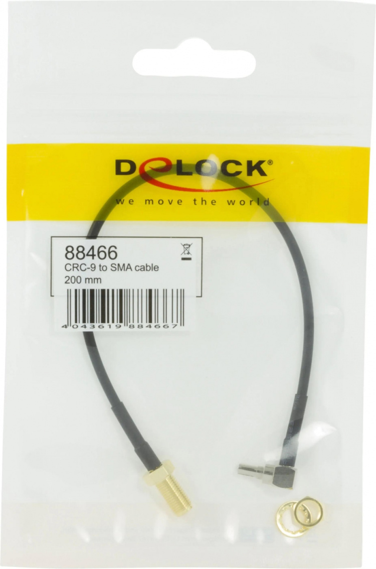 DeLOCK sovitin, CRC-9 ur 90° kulma - suora SMA na, 0,2m, musta