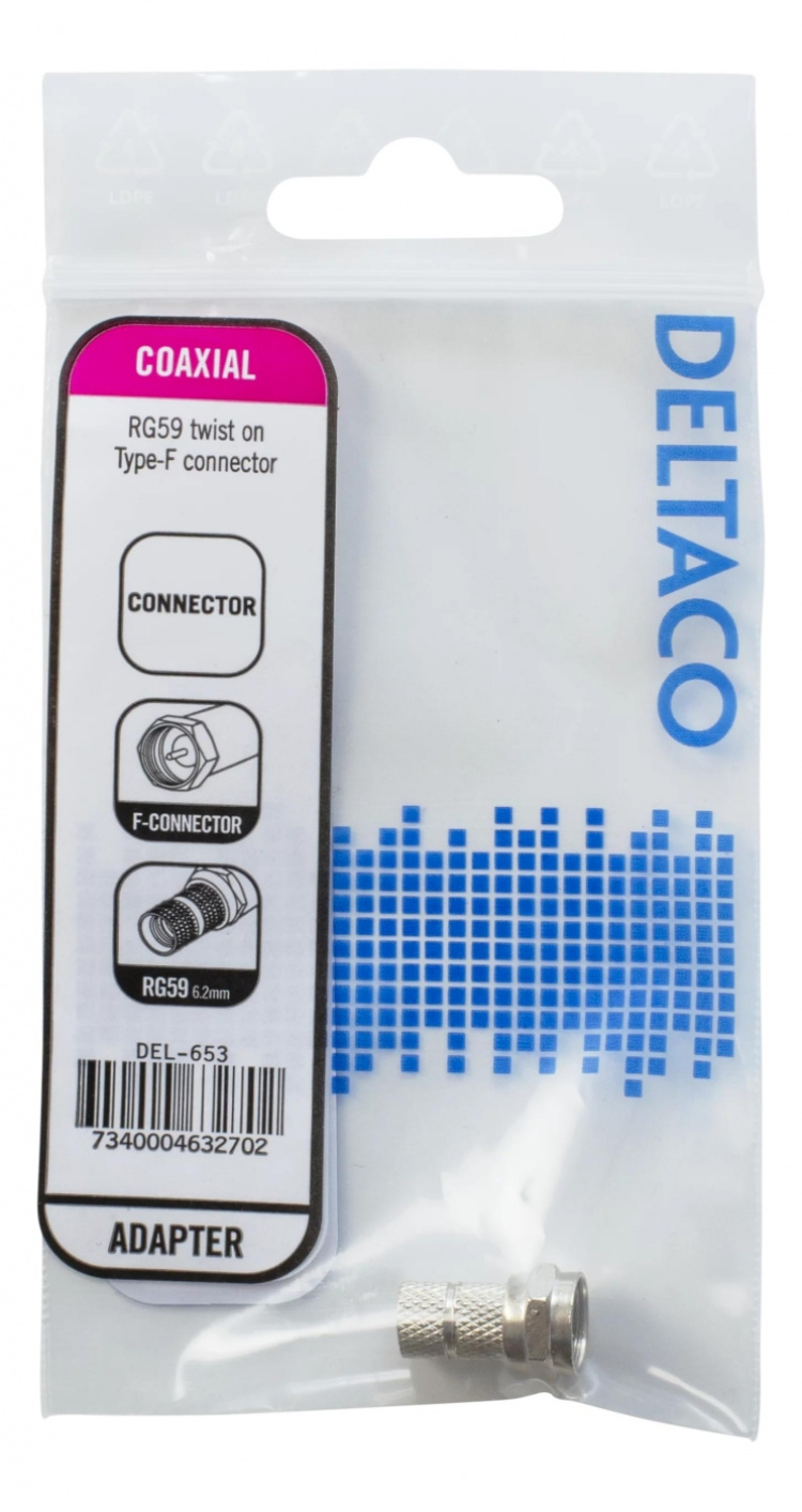 DELTACO F-urosliitin, 6,2mm RG59/antennikaapeli, ruuvias., kull. liit.