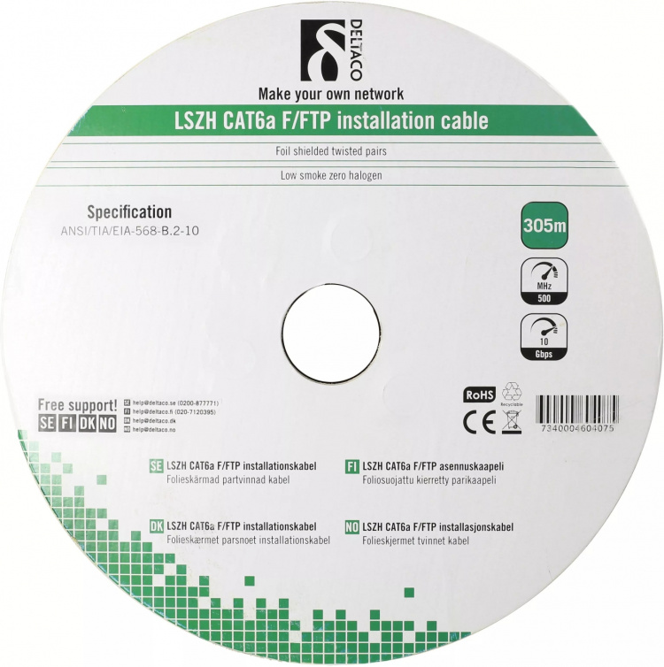 DELTACO F/FTP asennuskaapeli, Cat6a, LSZH, 305m kela, valk DELTACO F/FTP asennuskaapeli, Cat6a, LSZH, 305m kela, valk