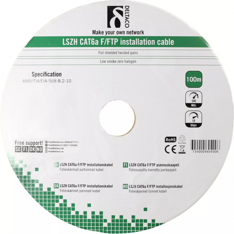 DELTACO F/FTP Cat6a asennuskaapeli, LSZH, 100m kela, valk DELTACO F/FTP Cat6a asennuskaapeli, LSZH, 100m kela, valk