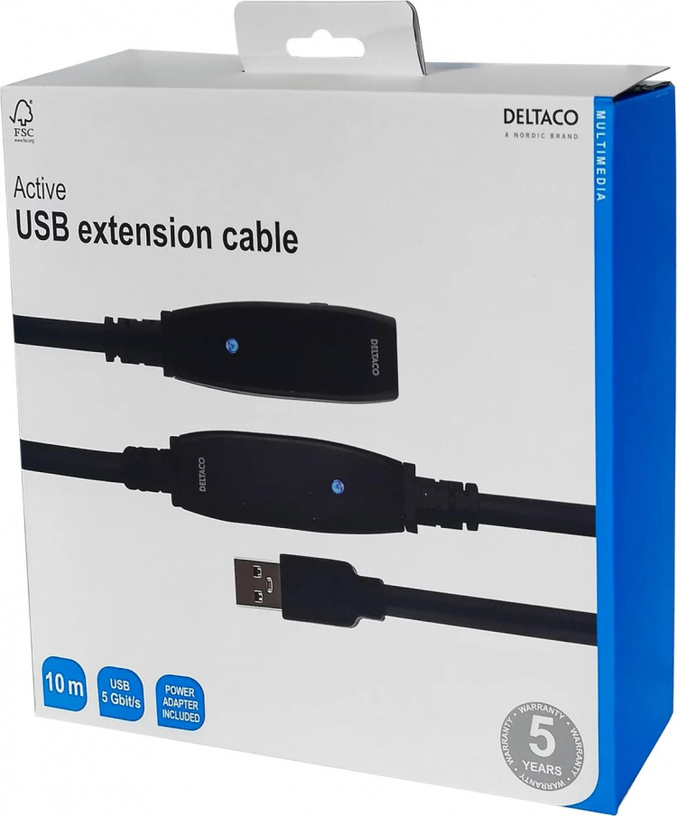 DELTACO aktiivinen USB 3.0-jatkokaapeli, A ur - na, 10m, musta