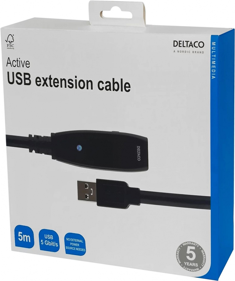 DELTACO aktiivinen USB 3.0-jatkokaapeli, Tyyppi A ur - na, 5m, sininen