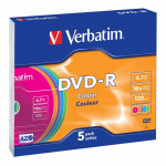 Verbatim DVD-R, 16x, 4,7 GB/120 min, 5-pakkaus slim case, AZO, värill