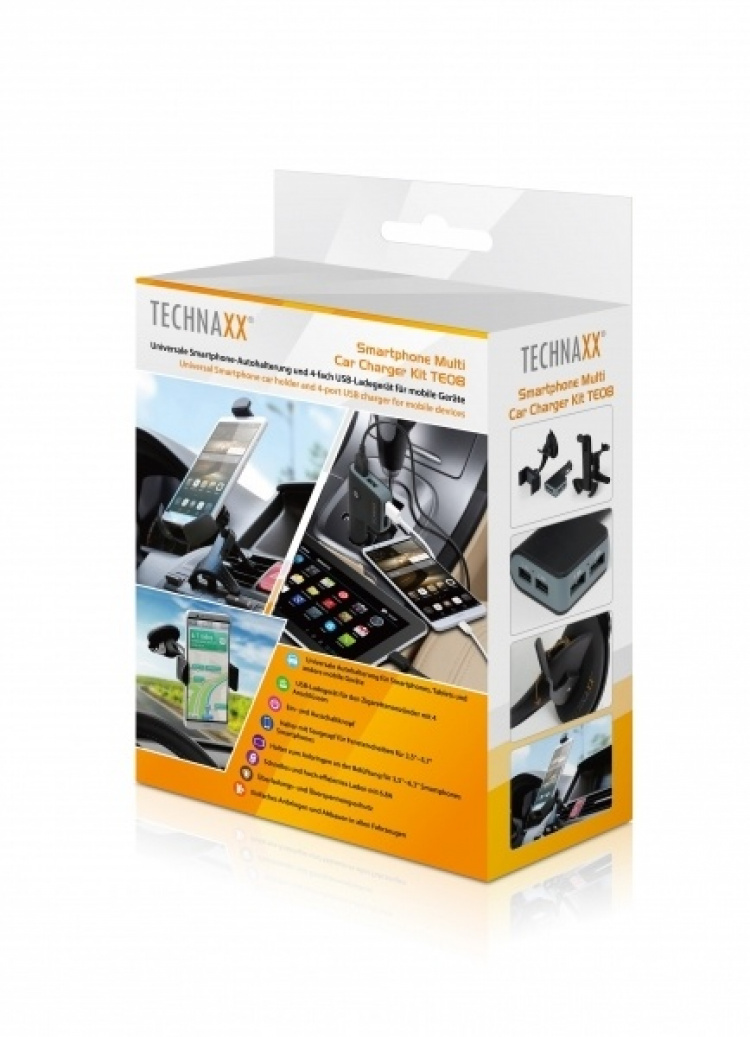 Technaxx autoteline älypuhelimille + autolaturi 4x USB-portilla (TE08) Technaxx autoteline älypuhelimille + autolaturi 4x USB-portilla (TE08)