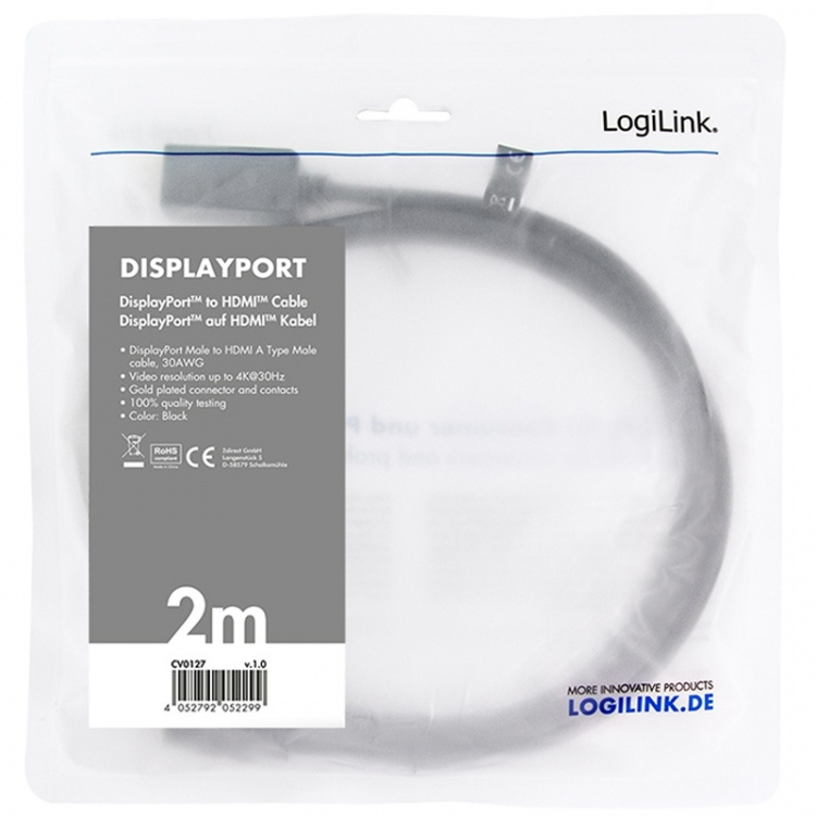 LogiLink DisplayPort 1.2 -> HDMI 1.4 4K 2m Musta