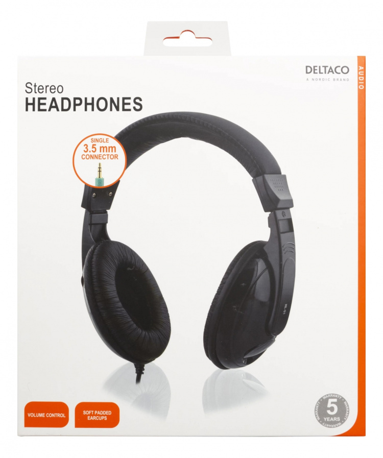 DELTACO kuulokkeet, suljetut, äänenvoim. säädin, 2,5m kaapeli, musta DELTACO kuulokkeet, suljetut, äänenvoim. säädin, 2,5m kaapeli, musta